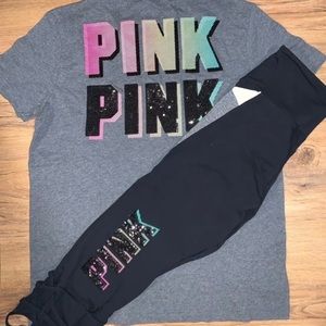VS Pink Neon Ombré Bling Campus Tee and Ankle Leggings Large